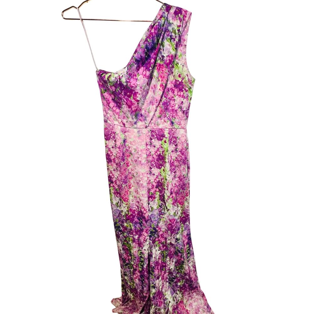 BADGLEY MISCHKA Purple Floral Orchid One Shoulder Gown Dress size 6 - Picture 3 of 14